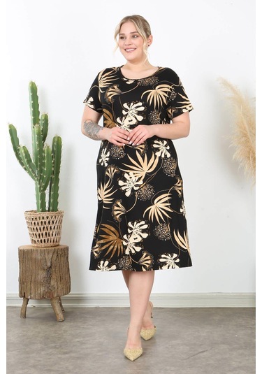 Kadın Siyah Vizon Floral Desen Midi Elbise Siyah