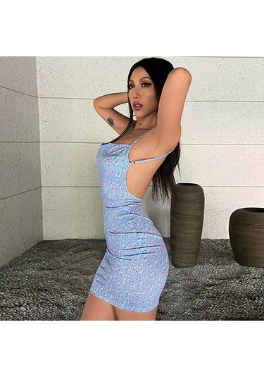 Kadın Sırtı Açık Benekli Seksi Dar Halter Elbiseler Pembe