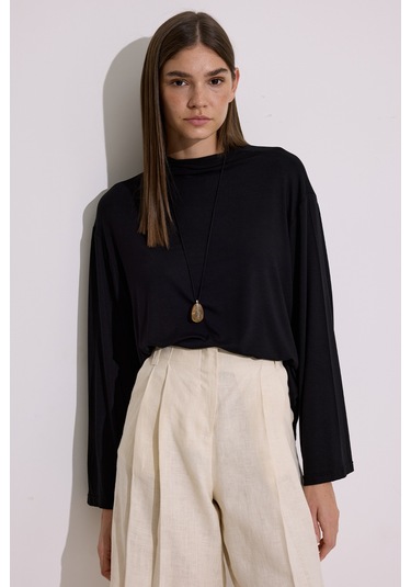 Dökümlü Uzun Kol Bluz Siyah Siyah