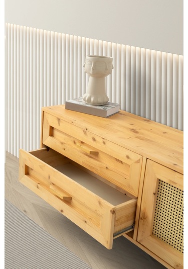 Tv Sehpası 2 Çekmeceli 1 Hasır Kapaklı Natural Ağaç 180cm Kurulu Gönderilir Naturel