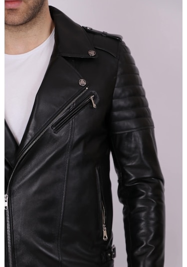 Erkek Siyah Hakiki Deri Yakalı Asimetrik Fermuarlı Spor Mont