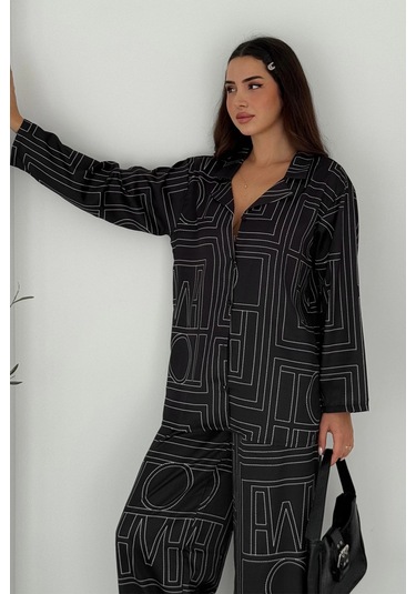 Geometrik Desen Modal Saten Takım Siyah Siyah