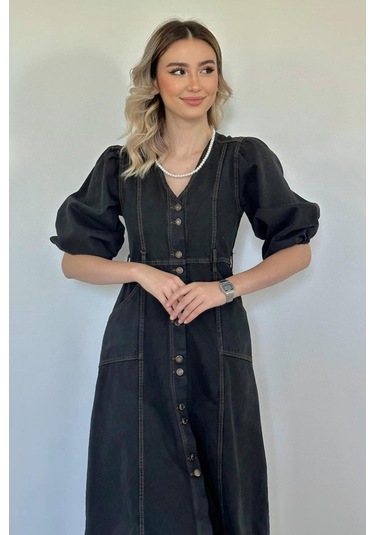 S-pazarım Siyah Balon Kol Kot Elbise Siyah