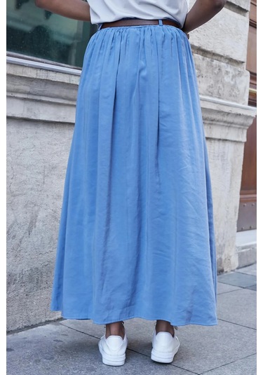 Kadın İpeksi Dokulu Modal Kumaş Cepli Beli Lastikli Bilek Boy Uzun Etek Deri Kemer Dahil -indigo İndigo Kadın İpeksi Dokulu Modal Kumaş Cepli Beli Lastikli Bilek Boy Uzun Etek Deri Kemer Dahil -indigo İndigo