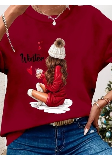 The İstanbul Kadın Yılbaşı Özel Uzun Kollu Bisiklet Yaka Desenli Viskon Iki Iplik Bluz Bordo