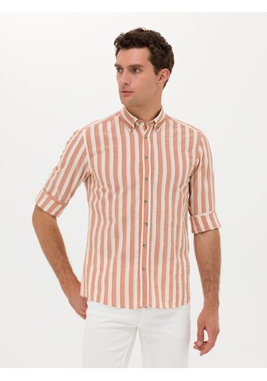 Cacharel Kiremit Slim Fit Uzun Kollu Çizgili Gömlek Kırmızı