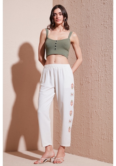 Lela Bohem Işlemeli Keten Ve Pamuk Karışımlı Şalvar Bayan Pantolon 5865050 Bej-Fuşya