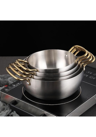 Altın Ramen Erişte Pot Hızlı Isıtma İki Kolları Gıda Sınıfı Paslanmaz Çelik Kore Ramen Erişte 18cm