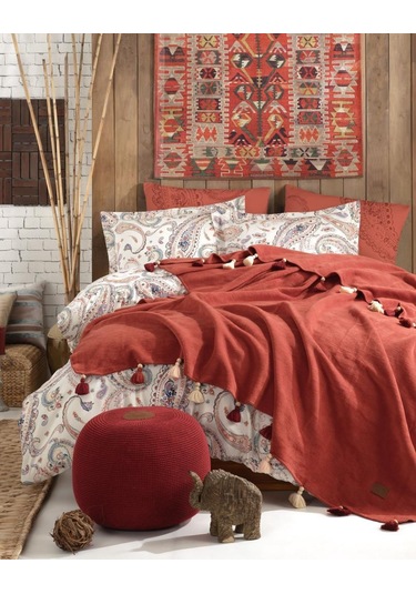 Boho Chic Çift Kişilik Püsküllü Battaniyeli Nevresim Seti - Tarçı