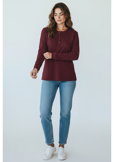 Kadın Yaka Düme Detaylı Mevsimlik Bluz Bordo