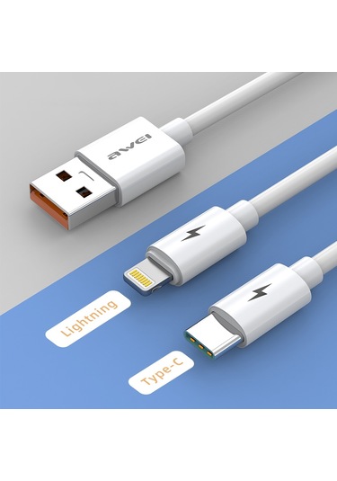 Awei Cl-79 2 İn 1 1.2m Usb 8 Pin + Usb-c / Tip-c Çoklu Şarj Kablosu