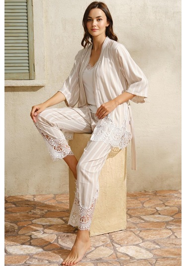 Anıl 5744 Kadın Dokuma Viskon Çizgili Dantelli Sabahlık Pantolon Pijama 3'lü Takım 001