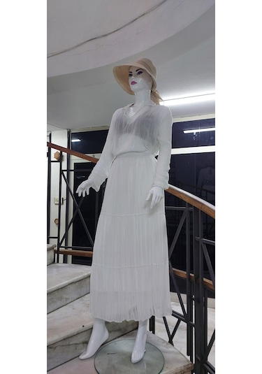 Eren Style Beli Lastikli Astarlı Uzun Şifon Etek-8960 Beyaz