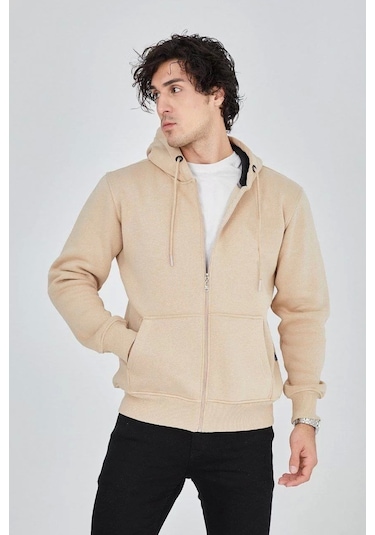 Erkek Kapüşonlu Düz Fermuarlı Hırka - Bej Bej