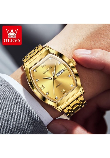 Olevs Top Marka Erkek Kuvars Saat Lüks Elmas Şık Paslanmaz Çelik Tonneau Kadran Su Geçirmez Işıldayan Erkek Kol Saati Altın - Siyah