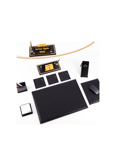 Optima 9 Parça Siyah Deri Sümen Seti Takımı Gold Kalem Ofis Masa İsimliği Kalite Masa Sümeni İsimlik