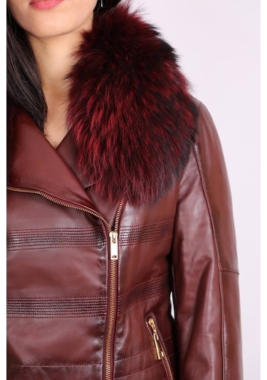 Bordo Hakiki Deri Çıkarılabilir Kürk Yakalı Mont Kaban