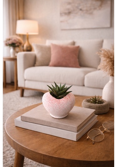 Pembe Kalp Saksıda Sukulent Romantik Canlı Hediye