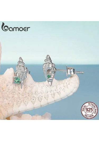 Bamoer 925 Ayar Gümüş Kabuklu Saplama Küpe Kakma Yeşil Zirkonya Hipoalerjenik Küpe Kadınlar İçin Okyanus Serisi Takı