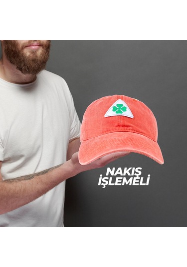 Perlotus Vintage Yıkamalı Pamuk Şapka Dört Yapraklı Yonca Nakışlı Turuncu Turuncu