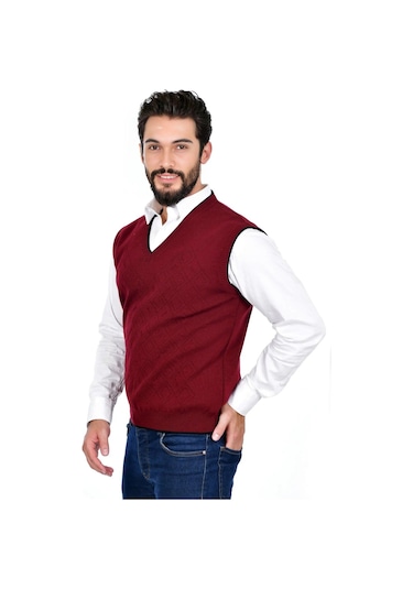 Kamalı Bordo Erkek Çelik Örgü Intersiye Kışlık Kalın Triko V Yaka Triko Örgü Tüylenmez Süveter Bordo