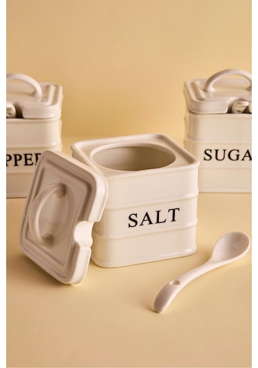 Bianca 3'lü Beyaz Kulplu Porselen Kare Baharatlık Takımı Beyaz Beyaz