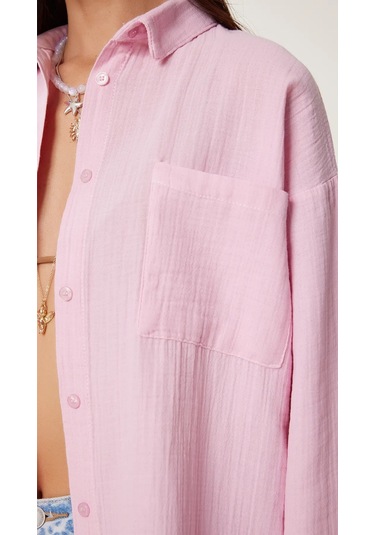 Kadın Oversize Basic Cepli Müslin Gömlek Pembe