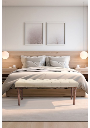 Gazzini Classic Torna Gürgen Ahşap Ayak Chester Model Kapitoneli Krem Puf Bench - Ceviz Ayak