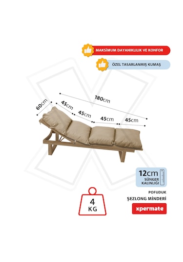 Xpermate Pofuduk Şezlong Minderi 60x180x12cm Su İtici, Bej
