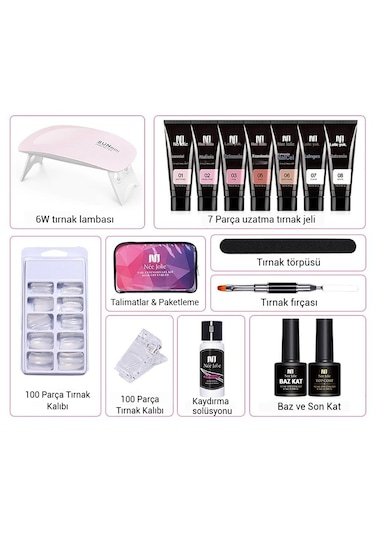 Protez Tırnak Uzatma Seti 16 Parça 7 Renk 15ml Poly Jel Manikür Kiti