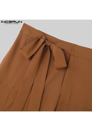 Incerun Erkek Yüksek Bel Bağcıklı Geniş Paça Pantolon Rahat Pileli Resmi Pantolon Gri