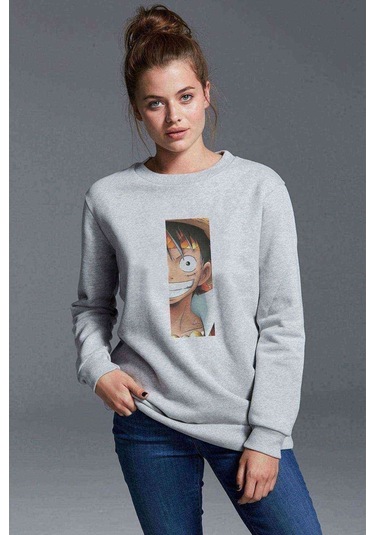 Anime One Piece Amiral Baskılı Gri Kadın Sweatshirt