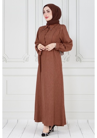 İnci Detaylı Kuşaklı Tesettür Elbise-kahverengi-3584-açık Mavi Açık Mavi