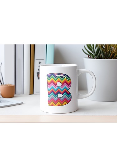 B Harfi Renkli Zigzag Desenli Kupa Bardak - Afrika Tarz Etnik Tasarım Kupa - Kişiye Özel Beyaz
