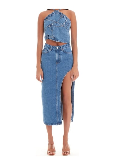 Pass&Pass 2094 Kadın Likrasız Yandan Yırtmaçlı Jeans Kot Denim Etek Mavi