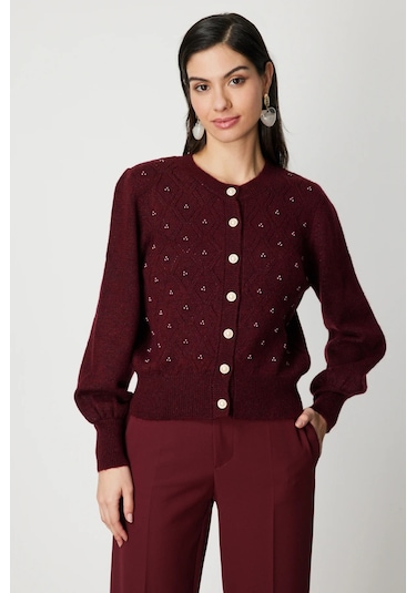 On Kadın İnci Düğmeli Triko Hırka 63922 Bordo Bordo