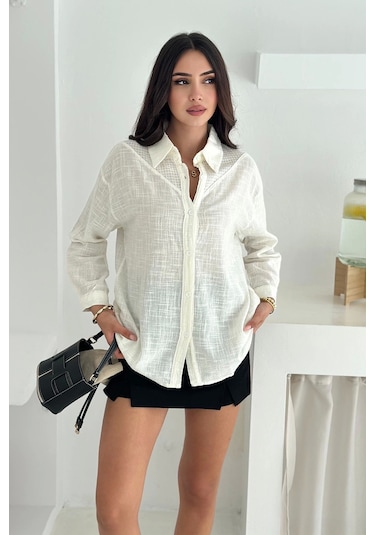 Asprin Fashion Pamuk Keten File Dantel Detaylı Gömlek Beyaz