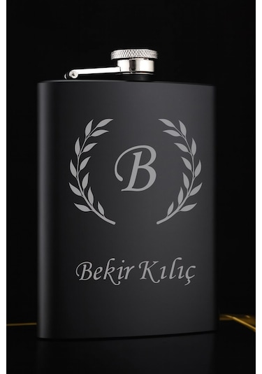 Paslanmaz Çelik Cep Matarası Vip Hediye İsime Kişiye Özel 9 Oz Siyah 266 Ml İçecek Cep Matarası Siyah