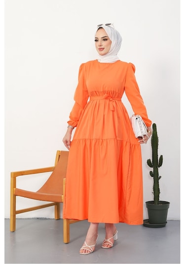 Akel Katlı Tam Boy Kuşaklı Tesettür Elbise 281 - Turuncu