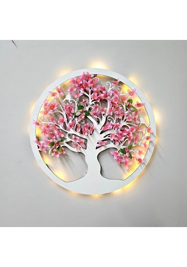 Led Işıklı Ve Pembe Sakura Hayat Ağacı Tablo 40cm - Beyaz