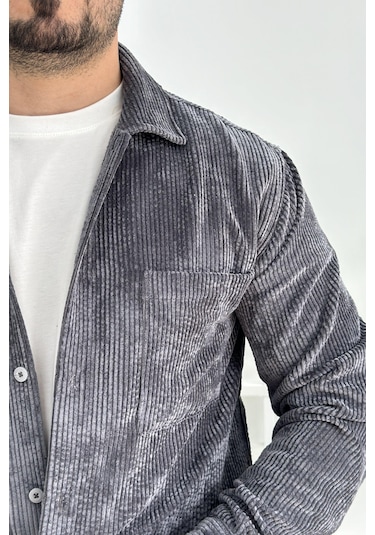 Erkek Kadife Kumaş Gömlek Antrasit Edw214 Antrasit