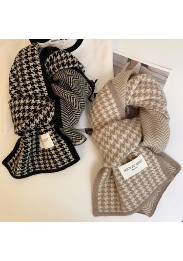 Kadın Sonbahar/kış Binlik Desenli Çift Yüz Eşarp: Kalın Yün-siyah Siyah