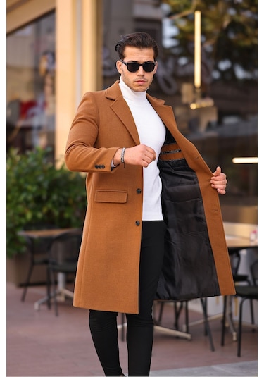 Erkek Kiremit Dar Kesim Uzun Yün Karışımlı Kaşe Kaban KİREMİT
