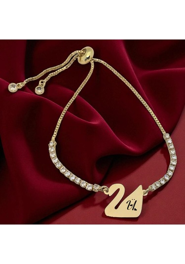 Archin Ü Harfine Özel Kuğu Kuşu Motifli 14 Ayar Altın Plakalı Beyaz Taş Detaylı Hediye Bileklik-601harf Ü