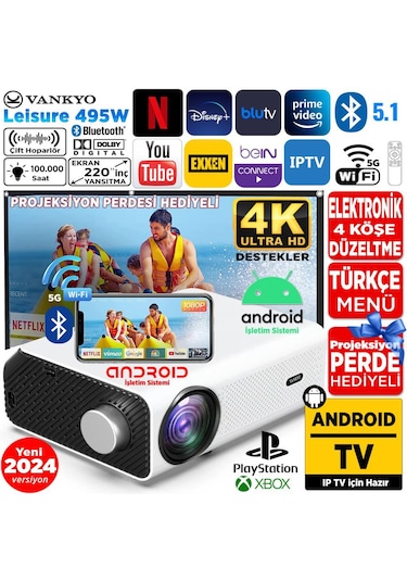 Vankyo Leisure 495W Android TV 4K Destekli 5G WiFi + Bluetooth 5.1 Projeksiyon Cihazı