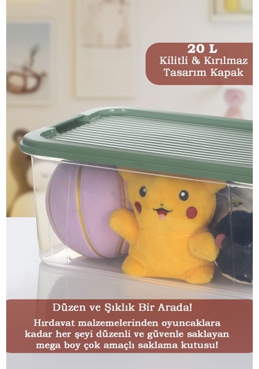 20 Lt Multibox Saklama Kabı - Kilitli Kapaklı Çok Amaçlı Düzenleyici Kiler Depolama Saklama Kutusu Yeşil