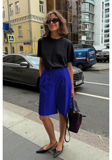 Madmext Saks Pileli Kadın Bermuda Şort Mg2483 Saks