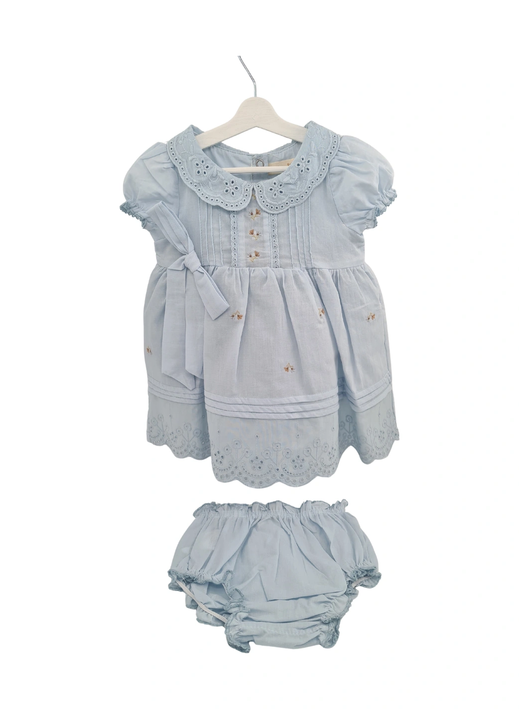 Kız Bebek Mavi Çiçek İşlemeli Fistolu Elbise Kilotlu Takım-1348 Mavi