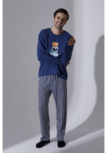 Erkek Pamuklu Uzun Kollu Üst Astronot Baskılı Alt Çizgili Pijama Takımı Ke30106 Mavi - Beyaz