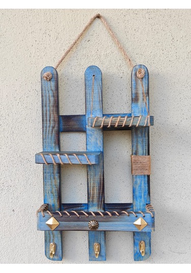 Dkr Dekoratif Çam Agacı Raf El Yapımı Ahşap Raf Anahtarlık Antik Mavi Mavi